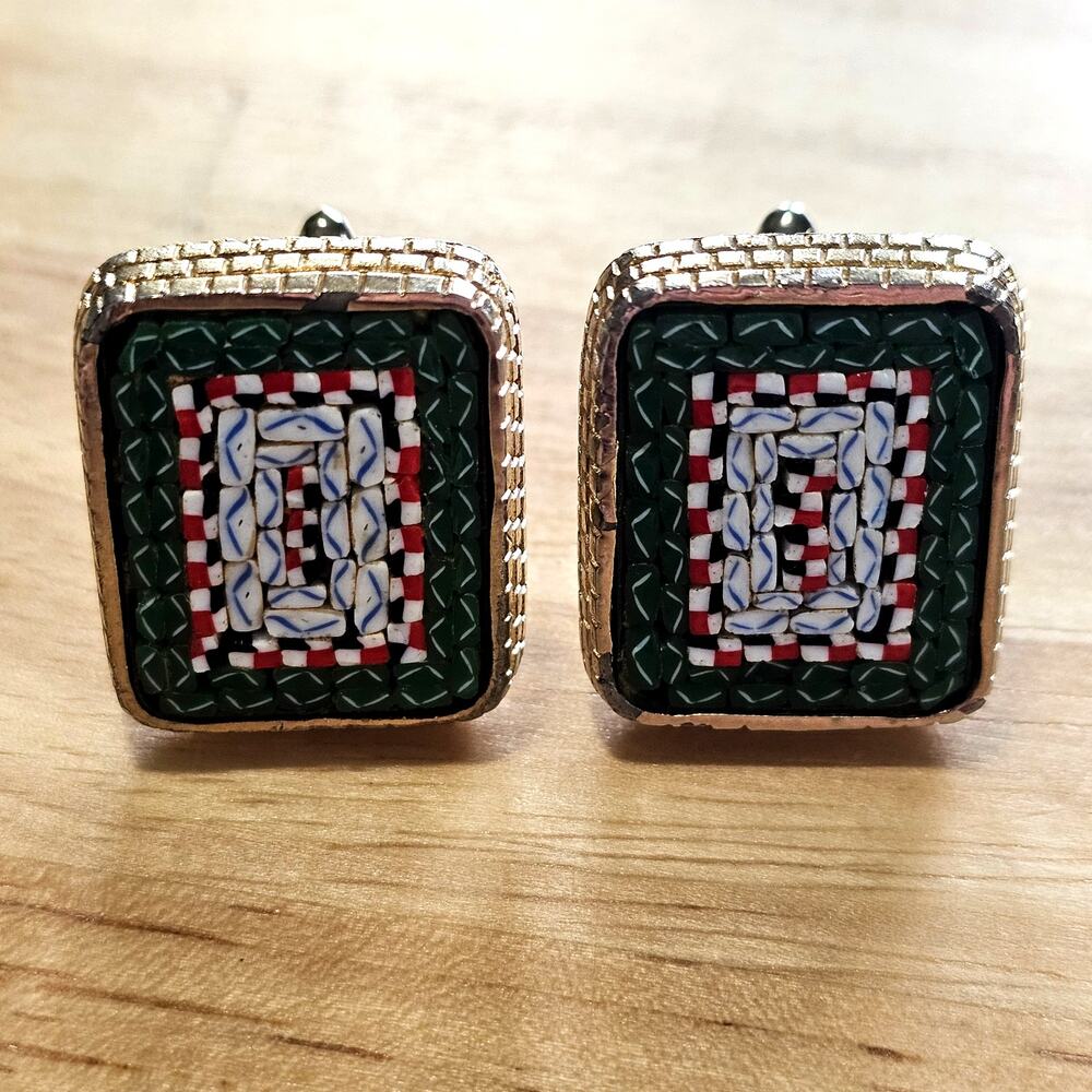 Vintage Micromosaic Cufflinks Green with Gold Textured Surround
